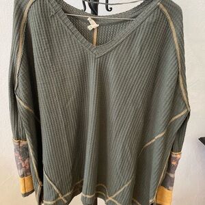 Free People Olive Green Waffle Knit Tunic with Mustard Accents